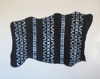Lino-Block White Ink Stamped, Black Colored Pig Skin Leather