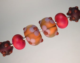 MATCHED PAIRS OF Handmade Lampwork Beads by Patti Cahill, Striped-dot Florals, +2 Matched Pairs of Polka-dot Minnies (6 beads total)