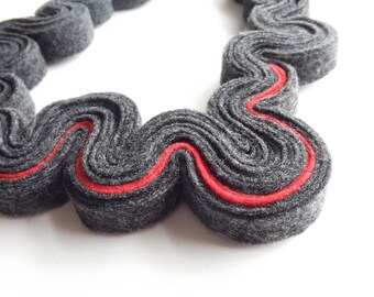 Statement Necklace Felt Necklace Felted Jewelry Recycled Eco Friendly Felt Bib Necklace In Grey And Red Coral