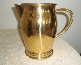 Large Gold Metal Pitcher with silver lining, Gold water pitcher, Summertime pitcher, 8 " tall Pitcher, 2 quart picher