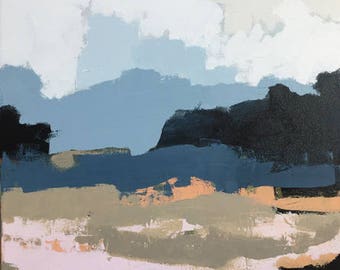large abstract landscape painting abstract art navy blue indigo blue grey blue blush pink pamela munger