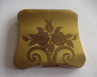 Vintage Powder Compact with Mirror, Elgin American, Goldtone Metal with Flowers on Top,