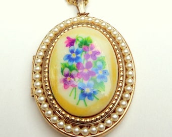 Vintage Gold-Tone,Locket Necklace, Painted Blue & Purple Violets, Seed Pearl Halo, Designer Avon Locket, Gift for Mom, Mother's Day Gift