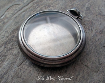 empty pocket watch case pendant steampunk antiqued silver toned metal pewter glass locket assemblage jewelry supply