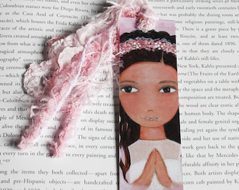 First Communion Girl - Hispanic - Latin - Laminated Bookmark Handmade - Original Art by FLOR LARIOS