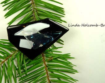 SALE Dichroic Fused Glass Barrette of Black and White 2 1/4 inches in width 1 1/4 inch clasp