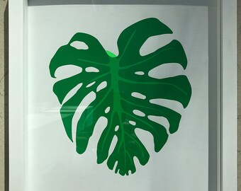 Fluorescent green 'Monstera Deliciosa' pop art tropical palm leaf screen print.