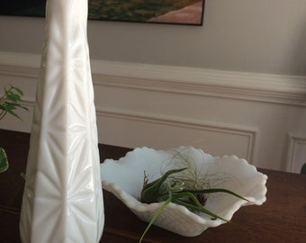 Vintage Milk Glass Vase and Ruffle Bowl