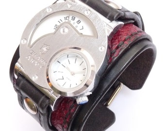 Mens Steampunk Dual Time Watch & Black Watch, Handmade Strap, Steampunk Watch