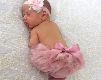 Natural floral Baby headband and TUTU Bloomer Set..Full chiffon Bloomers.Hair bow and Diaper Cover...