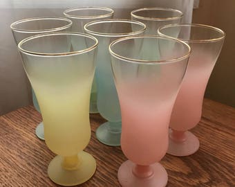 Seven Vintage 1950's Pastel Frosted Blendo Parfait Glasses