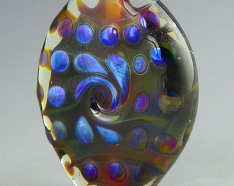 handmade lampwork glass bead an oval tab focal in iridescent silverglass over dark variegated silverglass - Black Hole
