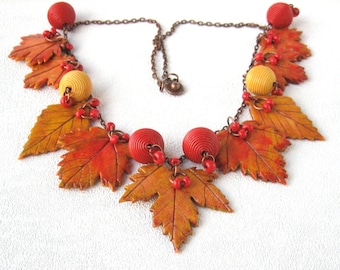 yellow red necklace autumn leaf fall jewelry bib necklace maple leaf gift for wife inspiration nature necklace statement canada maple leaves