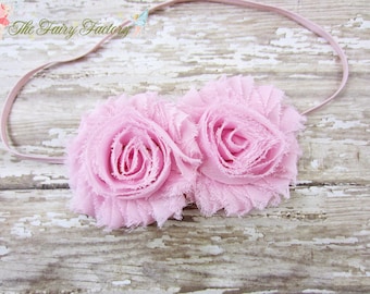 Light Pink Headband, Pink Chiffon Rosettes Duo Stretchy Headband or Hair Clip, Newborn, Baby Infant Toddler Child Girls Headband