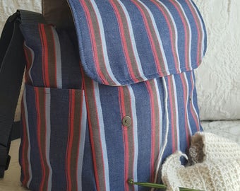 Blue and red Stripes, messenger bag, knitting, Lots of Pockets, knitting supplies, crochet tote, knit organizer, snag free vinyl interior