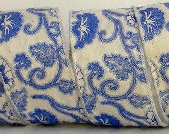 2.5 inch Wired Cotton Ribbon ~ Wired Floral Cotton Thick Ribbon ~ Blue & Cream Floral Ribbon ~ 3 Yards
