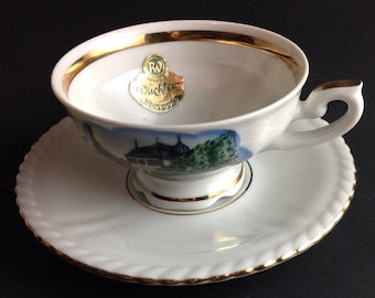 RW Bavarian Chine Teacup and Matching Saucer International Travel Jivershelm Ruffled Saucer and Ornate Handle Scene and Gold Trim