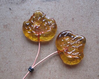 Lampwork Headpins - Glass Headpins - Leaf Glass Headpins - Copper wire - Glass Headpins Pair - SueBeads - Headpins - Glass Heapins - Leaves