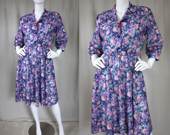 Vintage 80s Purple & Pink Floral Midi Swing Day Dress | Medium