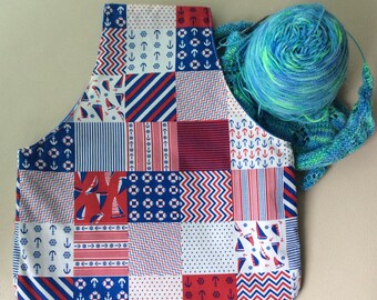Medium knitting project bag, wrist bag, over arm project bag, nautical print cotton fabric, knitters project bag, knitters gift bag.