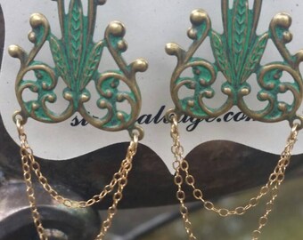 Green Goddess Earrings, Art Nouveau Chandelier Earrings, Gold and Green Earrings