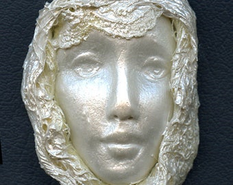 Polymer Clay One of a Kind White Pearl Face with Fabric Cab FFP 1