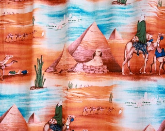1950s Vintage Kitschy BARKCLOTH Curtain Panel with Pyramids and Camels // Egypt