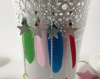Star necklace, feather and rhinestone Red/Green/Pink/Blue