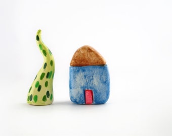 Little blue clay house, miniature clay house, colorful home decor, minimal display decor, miniature collection