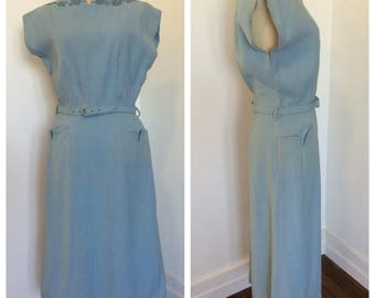 1950s sky blue linen wiggle dress sz S-M