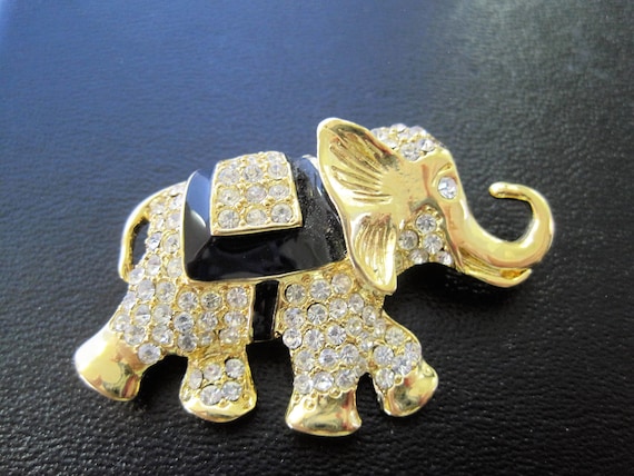 Elephant Brooch, Rhinestone Covered, Black Enamel Highlights