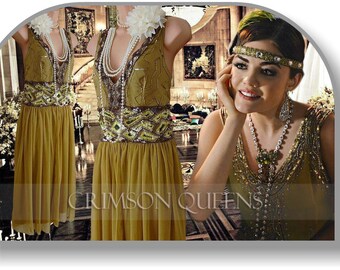 Green Flapper Downton Abbey Heavily Embellished Beaded 20's Sequinned Charleston Dress UK size 12 US 8