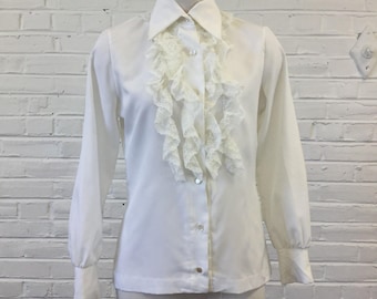 1970s Ivory Blouse with Lace Ruffles, size S
