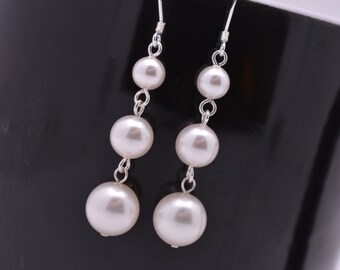 Pearl Drop Bridal Earrings, Long Pearl Earrings, Sterling Silver Earrings, Swarovski Pearl Bridesmaid Earrings 0287