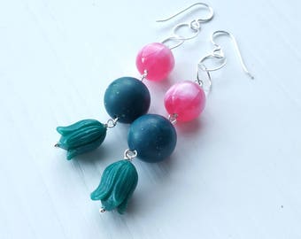 nordisk sang earrings - vintage lucite and sterling - chain - sterling silver hooks - teal, green, pink, tulip