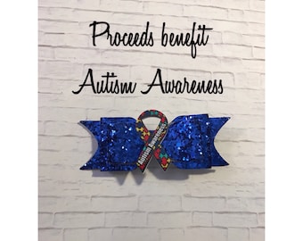 AUTISM AWARENESS * Blue Sparkle Hair Bow * (Proceeds Donated)