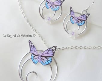 Purple and light blue butterfly "Emya" earrings and necklace