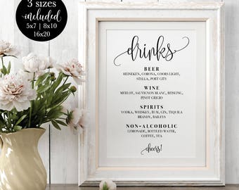 Drinks Menu Sign Editable, Modern Calligraphy Wedding Bar Menu, Printable Signature Cocktail Cheers Sign, DIY Instant Download Template