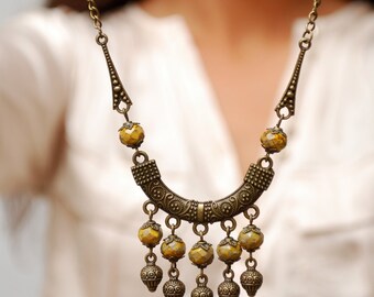 Unique boho necklace. Spike necklace, Rustic yellow glass beads necklace, Gypsy necklace, Hippie necklace.