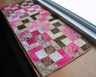 Handmade Quilted Table Runner Brown and Pink Cotton Batik