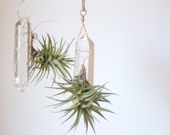 Hanging Air Planter with Quartz Crystal, Airplant Display, Wire Wrapped, Boho Decor, Geometric, Hostess or Housewarming Gift Under 30