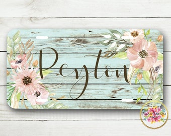 Personalized License Plate - Monogrammed Floral License Plate Frame - Watercolor Pink Flowers - Rustic Wood - License Plate & Frame Set