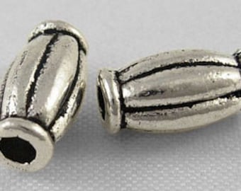 Tibetan Silver Bead, Oval, Antique Silver, 5mm wide, 10mm long, 2mm hole, 50 Beads