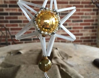 Antique Vintage 1940's Czech Handcrafted Gold and Silver Mercury Glass Beaded Star Mini Tree Topper For Small Feather Tree, 3" Across