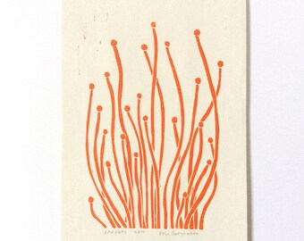 linocut - SPROUTS // 5x7 art print // printmaking // block print // nature art // seedlings // orange // original // miniature // 4x6
