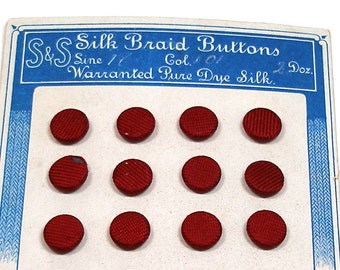 1900s Silk BUTTONS, 24 Antique maroon silk braid, unused on original card, 7/16".