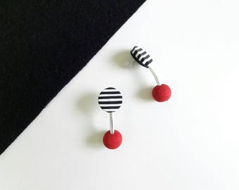 polymer clay earrings, modern earrings,stud earrings,red earrings,chanky earrings,striped stud earrings