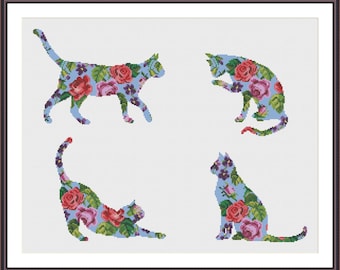 Floral Cat cross stitch pattern - set of 4 patterns - Instant Download PDF