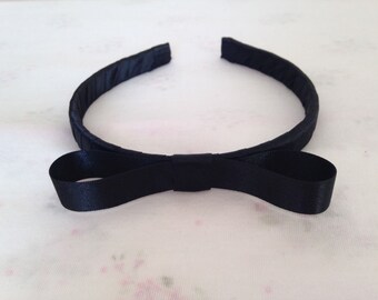 Black Matilda Style Satin Girls Hairband Headband Alice Band Black Bow