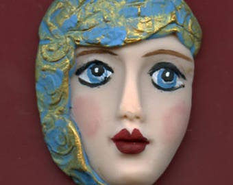 SALE ! Polymer Clay One of a Kind Detailed Face Cab with texture Un Drilled NFH 1